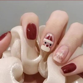 Christmas False Nails, 24 Pieces Christmas Red False Nails Set, Christmas Tree Elk, Santa Claus, Snowman, DIY Manicure Nails for Christmas-108