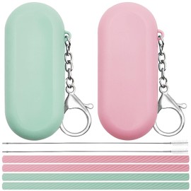 Silicone Straws Reusable, 2 Set Reusable Straws with Case for Cruise Ship, 4 Standard Drinking Straws, 2 Carry Pouches, 2 Cleaning Brushes, Foldable Portable Travel Straw for Cold or Hot (Pink&Green)