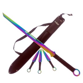 28" Tactical Fixed Tanto Blade Style Machete with 3 PCS 6" Fixed Blade Set. for Collection, Gift, and Outdoor Campimg to Cut Branches and Ropes (Rainbow)