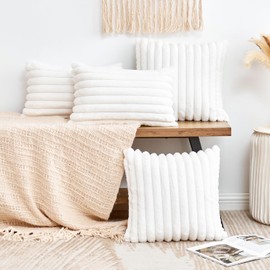 GriNeed Throw Pillow Covers Decorative Faux Fur Set of 2 12x20 Inch Pillow Covers, Soft Cream White Lumbar Plush Striped Pillowcases for Couch Sofa Bed Living Room, Fluffy Cute Home Boho Accent Decor