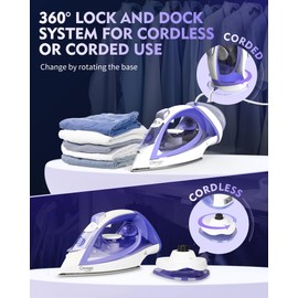 OMAIGA Cordless Iron for Clothes, 1550W 2-In-1 Cordless/Corded Steam Iron Rapid Heating, Ceramic Soleplate, 3-Way Auto-Off, Self-Cleaning, 12.85oz Water Tank Ironing Clothes for Home, Purple