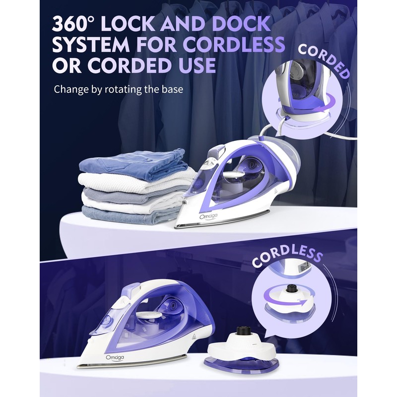 OMAIGA Cordless Iron for Clothes, 1550W 2-In-1 Cordless/Corded Steam Iron