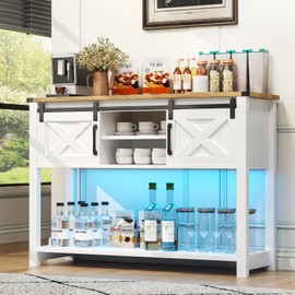 HXBOAUVS Farmhouse Entryway Table with LED Light, Sofa Table with Sliding Barn Door, Adjustable Open Shelves, 46" Rustic Console Table with Storage, Antique White Hallway for Living Room Bedroom