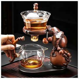 Lazy Kungfu Drip TeaPot, Heat Resistant Tea Set, Semi-Automatic Glass Teapot Suit for Magnetic Water Flow Wooden Glass Teapot Set
