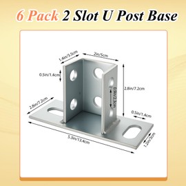 LOPYXBR 6 PCS Strut Post Base Single Channel 1-5/8 2 Slot u Post Base for 1-5/8" Square Strut Channel Heavy Duty Galvanized Carbon Steel Ground Floors Mount