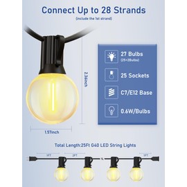 Abeja 50FT Globe Led Outdoor String Lights, Shatterproof Outdoor Patio String Lights with with 25 +2 LED Plastic Clear Bulbs, Hanging Bistro Light Waterproof for Café Bistro Pergola Tents-Black Wire