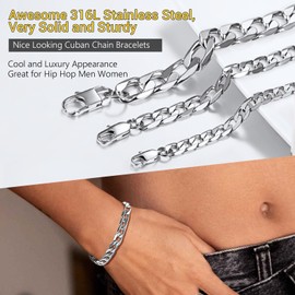 PROSTEEL Men's Bracelet 6/9/13 mm Wide Stainless Steel Curb Chain Bracelet Heavy Links Link Chain Bracelet Length 19 cm/21 cm/23 cm Selectable, Stainless Steel, No Gemstone