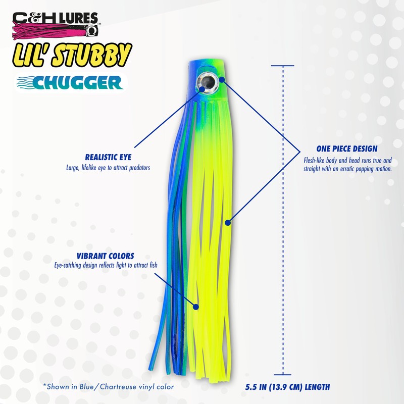 C&H Lures Lil Stubby Chugger Lure, Blue/White, 5.5 in