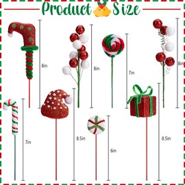 RunNico 16 Pcs Christmas Candy Tree Sticks - Red White Green Christmas Tree Sticks Ornaments - Santa Hat Candy Cane Berry Gift Tree Picks for Xmas Wreath Crafts Vase Party Supplies
