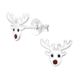 Christmas Reindeer Earrings with Red Crystal Stone Nose .925 Sterling Silver