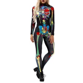 Fixmatti Women Turtleneck Unitard Long Sleeves Skull Bodysuit Skeleton Cosplay Suits L