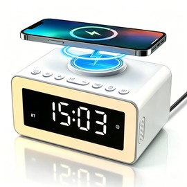 BYH Digital Alarm Clock for Bedroom, 15W Fast Wireless Charging Station, Bluetooth Speaker with White Noise Sounds, FM Radio, LED Night Light, Bedside Clock for Home & Office