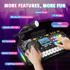 DJ Mixer for Kids, Toddler DJ Mixing Table with DJ Turntable, Game Mode, Light & Speed Control and Microphone, Gifts for 3 4 5 6 Years Old Boys Girls - Kid DJ Mixer Set