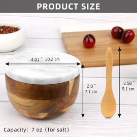 HESHIBI 2 Sets Wooden Salt Cellar Box with Marble Lid & Spoon, Modern White and Black Stone Salt or Pepper Sugar Spice Seasoning Bowl Container Jar Holder Well Keeper Dish Pig Crock for Kitchen
