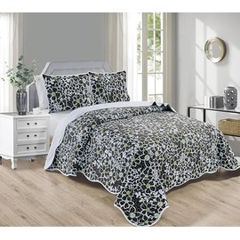 Grand Linen 3-Piece California Cal King Size Wave Edged Oversized Quilt Set 120 inch X 106 inch All Seasons XL Bedspread, Pillow Shams Lightweight Soft Coverlet Black White Green Colors Floral Pattern
