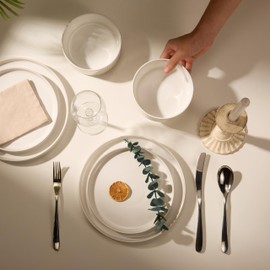 Ceramic Dinnerware Set, by Vase and Vessel, 12-Piece Service for 4, 9.8” Dinner Plates, 8” Salad Plates, 20 oz Bowls, Ombre Reactive Glaze, Durable Stoneware, Microwave & Dishwasher (Powder White)