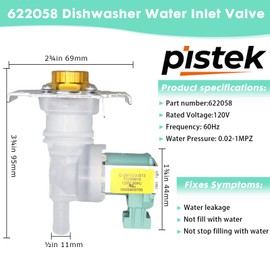 Pistek 622058 Replacement Inlet Valve for Bosch Dishwasher OEM 00622058, Also Compatible with Bosch/Thermador/Kenmore Dishwashers - Replaces 1999956 AP4927070 PS8728724 AH3491417