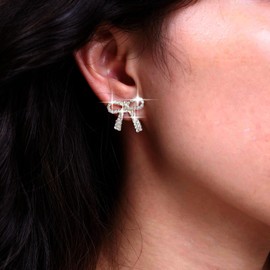 TseenYi Crystal Bow Ear Jacket Earrings Vintage Rhinestone Bowknot Earrings Silver CZ Bow Drop Earrings Crystal Rhinestone Bow Tie Earrings Bridal Sparkling Earrings Jewellery for Women and Girls,