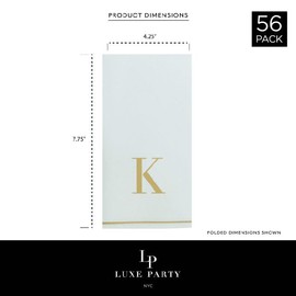 Luxe Party 56 Pack Monogram Napkins, Letter K Initial, Disposable, Premium Airlaid, Linen Feel, Decorative Table Setting, Guest Towel Napkin, White and Gold