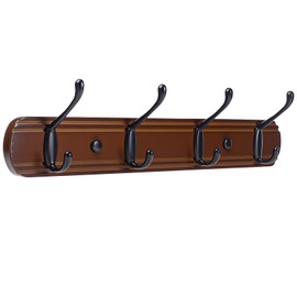 Yundoza Coat Hooks Wall Mount, Wood Bamboo Wall Coat Rack with 4 Metal Hooks for Hanging Clothes, Towels, Keys, Bags(Brown&Black)