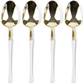 Blue Sky Infinity Flatware White/Gold Soup Spoons - 20 Count | Elegant Disposable Cutlery for Your Next Event, Premium Plastic Design