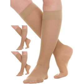 (3 Pairs) Petite Sheer Compression Socks for Women 15-20mmHg - Womens Graduated Knee Highs Support Stockings for Circulation, Swelling, Varicose Veins, Lymphedema - Beige, Medium - A403