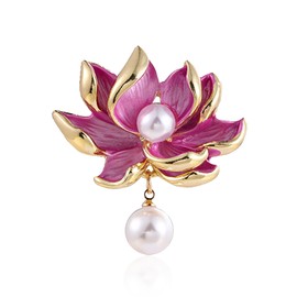 Enamel Lotus Flower Brooch Pin for Women Vintage Pink Plant Shell Pearl Brooches Lapel Pins Elegant Oriental Traditional Dress Culture Accessories Christmas New Year's Party Jewelry Daity Gift (Rose Red)