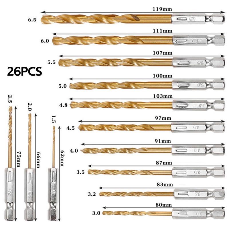 26-Piece Hexagonal Drill Bit Set, 1.5-6.5 mm Drill Bit with