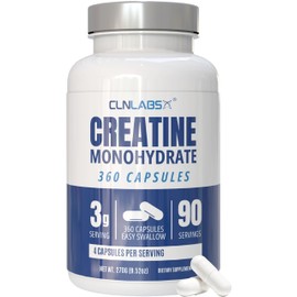 Creatine Monohydrate Capsules | 360 Capsules | 3000mg Per Serving | 3 Months Supply | Easy Swallow Compared to Tablets | Unflavoured | Creatine Powder in Capsules | Made in The UK by CLN Labs