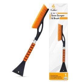 EcoNour 27" Aluminum Snow Brush with Ice Scrapers for Car Windshield and Window | Car Snow Scraper and Brush with Ergonomic Foam Grip Winter Accessories (Orange)
