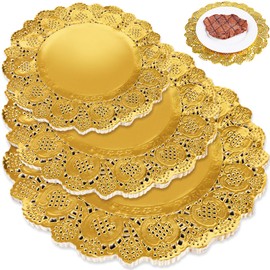 HAKSEN 108PCS Paper Lace Doilies, Gold Food Doilies Disposable Doilies 36PCS Each 6.5", 8.5", 10.5" for Baked Grilled Fried Food Tableware Decoration