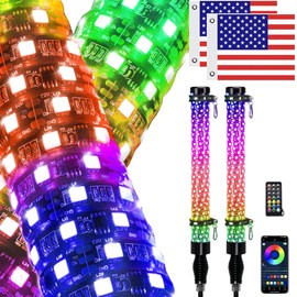 NBWDY 2PCS 2FT Fat Whip Lights with Reverse Turn Brake Function,Dream Color Spiral Chasing Music 600 LED Antenna Whip with Tail Light App Remote Control for Offroad RZR UTV Can-Am ATV Buggy Boat