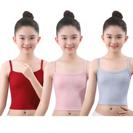 ZEILINGERY 3Pack Training Bras for Teens Girls from 8-16 years Camisoles Bralette Bras，Sports bras, Pink Red Blue, 10-12 Years