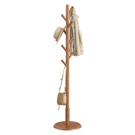 VASAGLE Solid Wood Coat Rack, Free Standing Hall Coat Tree with 8 Hooks, 3 Height Options, for Coats, Hats, Bags, Purses, for Entryway, Hallway, Rubberwood Hooks and Pole, Caramel Brown URCR009W01
