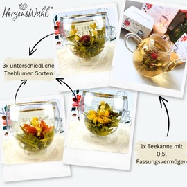 HerzensWahl Tea Flowers Gift Set with Pot | 6 x Tea Flowers, 1 x Teapot & Gift Box | Blooming Tea | Tea Roses Tasting Set | Green Tea - Tea Flowers & (Teapot Set) for Tea Lovers