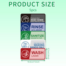 5PCS Wash Rinse Sanitize Sink Labels Stickers，Waterproof Employees Must Wash Hands Sign，Restaurant Supplies for Business,Wash Station, Kitchens, Restaurant, Food Trucks,Dish Washing (7"×3.3")