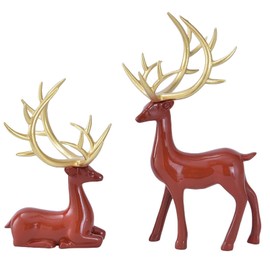 Mokoggiri 2Pcs Christmas Reindeer Figurines Decorations Resin Sitting & Standing Deer Statues Elk Figurine for Home Table Decor Wine Cabinet (Glossy Red)