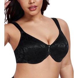 Lemorosy Women's Full Cup Mimimizer Bra Size Sizes Jacquard Underwired Unpadded Comfort Classic Bra, black