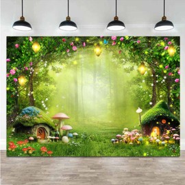 Enchanted Forest Photo Backdrop, Wonderland Backdrop for Girl Princess Party Baby Shower Banner, Fairytale Magic Mushroom Cabin for Kids Room Wall Decorations Birthday Party Photo Prop 9X6FT