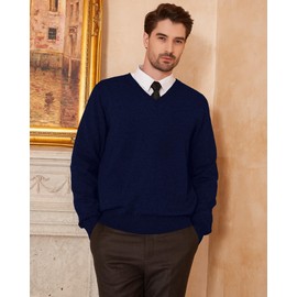 Kallspin Men's Wool Blend Knitted Jumpers Relaxed Fit V Neck Long Sleeve Pullover Sweater(Navy Blue, XL)