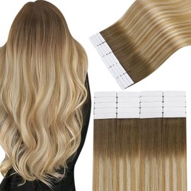 Easyouth Tape in Extensions Human Hair Ombre Tape in Human Hair Hair Extensions Medium Brown Ombre to Honey Blonde Mixed Platinum Blonde Invisible Remy Tapes ins Extensions 24Inch 50G 20Pcs