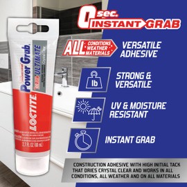 Loctite Power Grab Ultimate Crystal Clear Construction Adhesive - Versatile Construction Glue for Glass, Wood, Metal & More - 2.7 fl oz Tube, 6 Pack