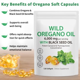 Oil of Oregano Softgels,6000mg 2-in-1 Strength with 300mg Organic Cold-Pressed Oregano & 200mg Black Seed Oil,Natural High Potency Immune & Digestive Support, 120 Capsules, Cold-Pressed