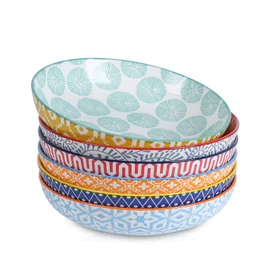 Selamica Ceramic Pasta Bowls Set 34 OZ, Large Salad & Dinner Bowls 8.6 Inch, Wide Shallow & Deep Plates for Pasta Soup, Microwave & Dishwasher Safe, Set of 6, Assorted Colors