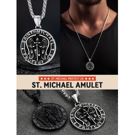 FaithHeart Archangel Saint Michael Necklace, Stainless Steel Protective Pendant Saint Michael Necklace with Ear, Religious Amulet with Gift Box for Christmas, Birthday, Stainless Steel