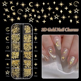 3 Boxes Gold Nail Charms, Heart Bow Nail Art Charms, Metal Cross Star Moon Nails Studs, Half Round Flatback Nail Pearls Charms, Caviar Nails Beads Charms for Nails Design DIY Craft