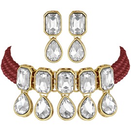 I Jewels Girls 18K Gold Plated Indian Wedding Handcrafted Pearl Beaded Choker With Earrings (Ml249M) Maroon