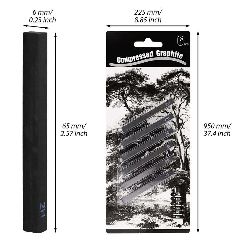 12 Pieces Graphite Material Sticks with 3 Blending Stumps, Square