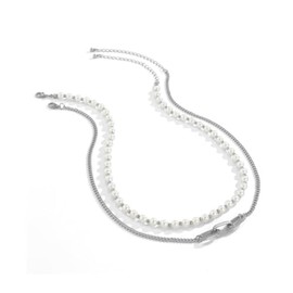 Pearl Necklace for Men Faux Pearl Necklace Layered Link Chain Necklace Trendy Pearl Jewelry Gifts for Men-Silvery