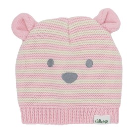 Little Me Cute Pink Striped Bear Newborn/Infant Beanie and Mittens Set
